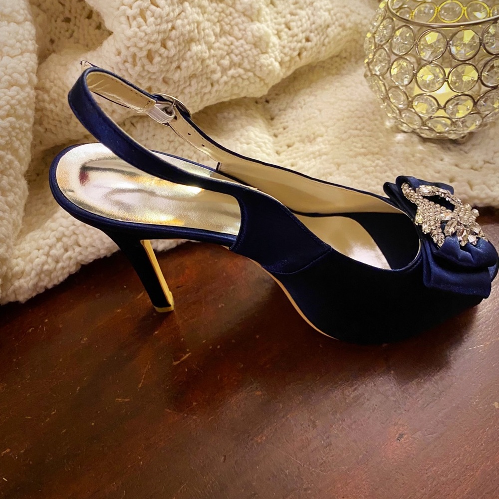 Dark Blue/Navy peep toe slingback heels.
